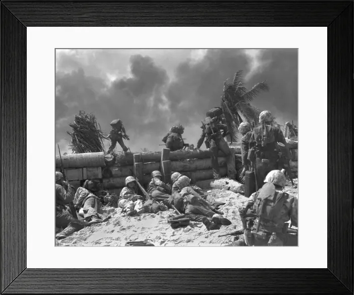 Framed Print : U.S. Marines move out from the Tarawa beachhead into Japanese smoke covered airstrip. Nov. 20, 1943, World War 2. (BSLOC_2013_14_48)