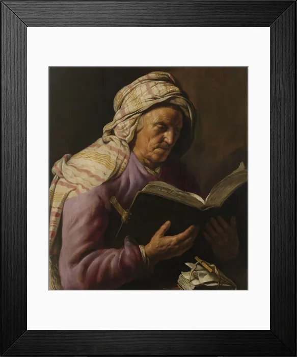 Framed Print : Old Woman Reading, by Jan Lievens, 1628-33, Dutch painting, oil on panel. The woman is sitting behind a table on which there is another small book (BSLOC_2016_3_84)