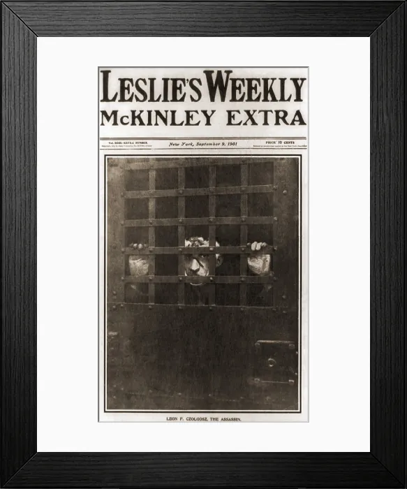 Framed Print : Front Page of LESLIES WEEKLY MCKINLEY EXTRA, depicting Leon F. Czolgosz, the assassin of President William McKinley, behind bars, in jail (BSLOC_2017_15_88)