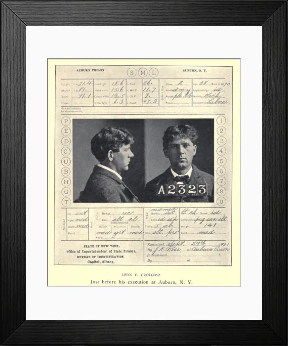 Framed Print : Auburn Prison photograph and identification information of Leon Czolgosz before his execution by electric chair on October 29, 1901