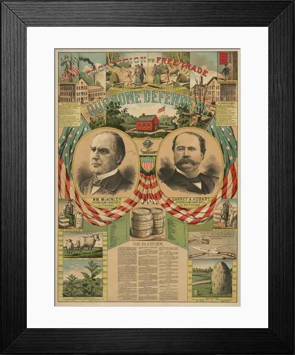 Framed Print : PROTECTION VS. FREE TRADE. OUR HOME DEFENDERS, a poster for 1896 Republican Presidential candidates. Patriotic portraits of Gov Framed Print : PROTECTION VS. FREE TRADE. OUR HOME DEFENDERS, a poster for 1896 Republican Presidential candidates. Patriotic portraits of Gov