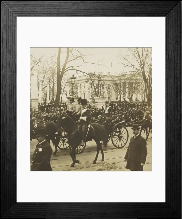 Framed Print : President William McKinley leaving the White House for his second inauguration, March 4, 1901. McKinley waves to the crowd from his carriage
