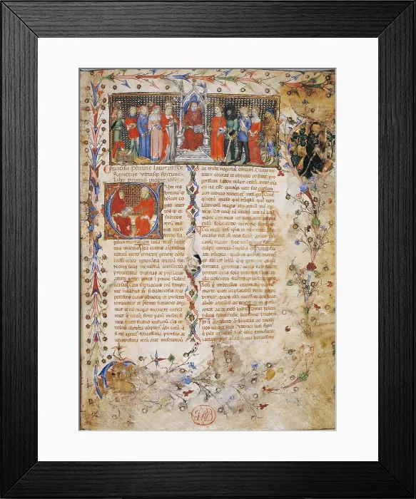 Framed Print : De remedijs utrusque fortunae title page with Petrarch in throne surrounded by characters, by Master of Latin Codex 757, field of, 1480 - 1499 about, 14th Century