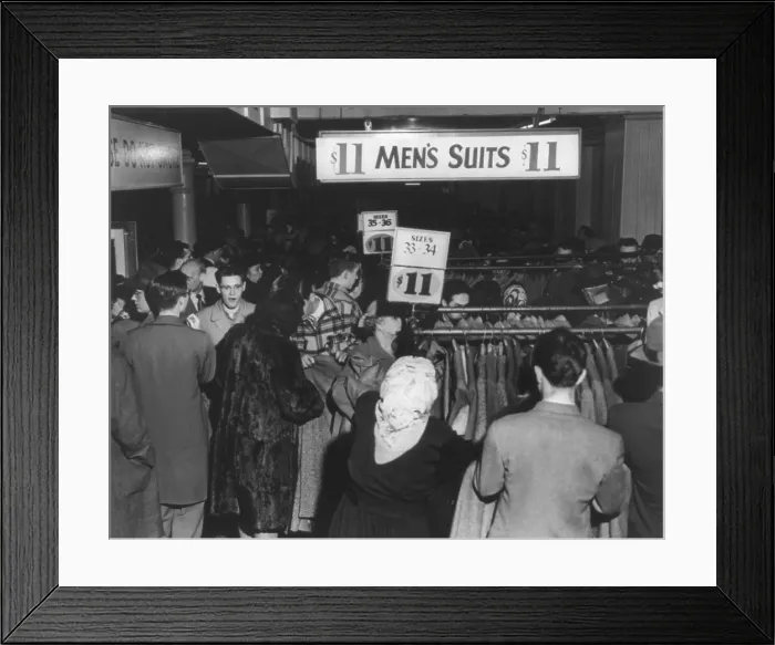Framed Print : Crowded Boston department store where men's suits and top coats were on sale for $11.00. March 28, 1949. (BSLOC_2014_13_222) Framed Print : Crowded Boston department store where men's suits and top coats were on sale for $11.00. March 28, 1949. (BSLOC_2014_13_222)
