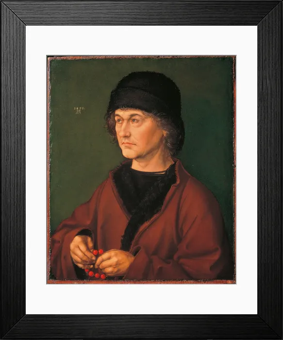 Framed Print : Portrait of his Father Albrecht the Elder with the Crown of Rosary, by Albrecht Drer, 1490, 15th Century, oil on panel, cm 47 x 39 - Italy, Tuscany, Florence, Uffizi Gallery. All
