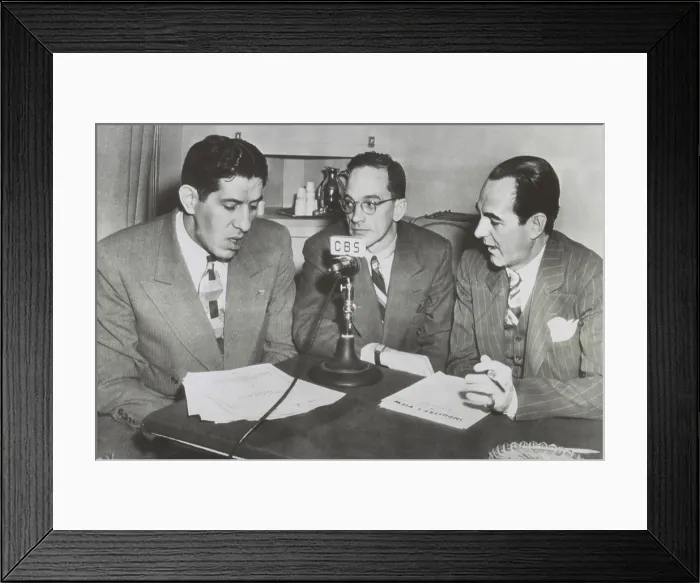 Framed Print : Economist's Robert Nathan and Dr. Ralph Robey (right), debate economic policy on CBS News Radio. Jan. 5, 1947