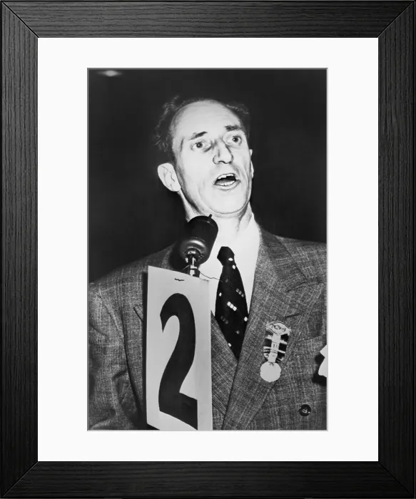 Framed Print : Harry Bridges addressing a stop-work meeting of Longshoremen's union in San Francisco in 1952. Bridges was an Australian-American leftist union leader who was harassed by U.S Framed Print : Harry Bridges addressing a stop-work meeting of Longshoremen's union in San Francisco in 1952. Bridges was an Australian-American leftist union leader who was harassed by U.S
