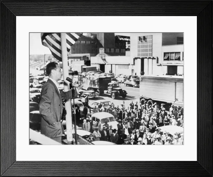 Framed Print : Harry Bridges, behind microphone during CIO convention in Cleveland, Nov. 1949. Bridges refused to leave the union that was attempting to throw out its left-wing members