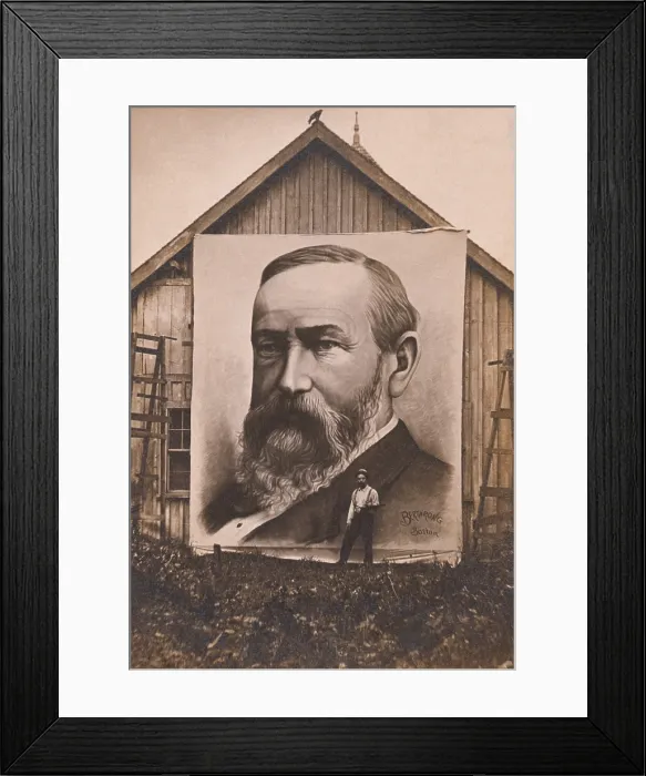 Framed Print : Enormous painting of President Benjamin Harrison displayed on the side of a barn, c. 1890