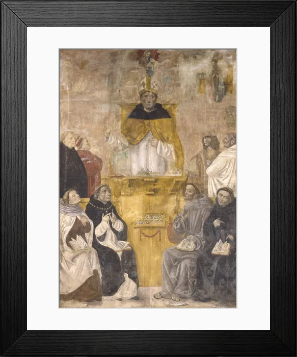Framed Print : Preaching of Saint Albert the Great with Saints Thomas Aquinas, Bonaventure, Egidio, and other learned; God the Father and Annunciation, by Alvise De Donati, 15th Century