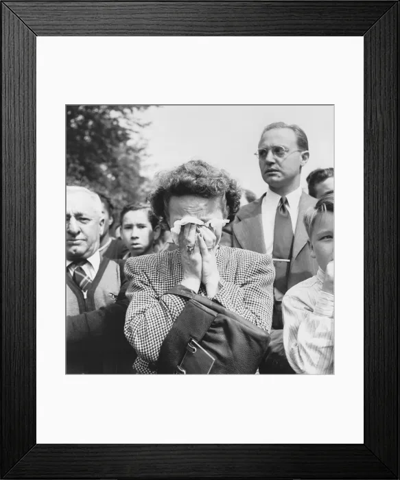 Framed Print : Woman weeps into her handkerchief at the funeral of President Franklin Roosevelt. Washington, D.C. April 14, 1945. World War 2. (BSLOC_2014_8_187)