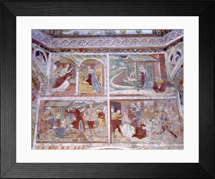 Framed Print : Annunciation, Nativity, Adoration of the Magi, Massacre of the Innocents, by Unknown Artist, 15th Century, fresco - Italy, Lombardy, Castelleone, Saint Mary of Bressanoro. Detail Framed Print : Annunciation, Nativity, Adoration of the Magi, Massacre of the Innocents, by Unknown Artist, 15th Century, fresco - Italy, Lombardy, Castelleone, Saint Mary of Bressanoro. Detail