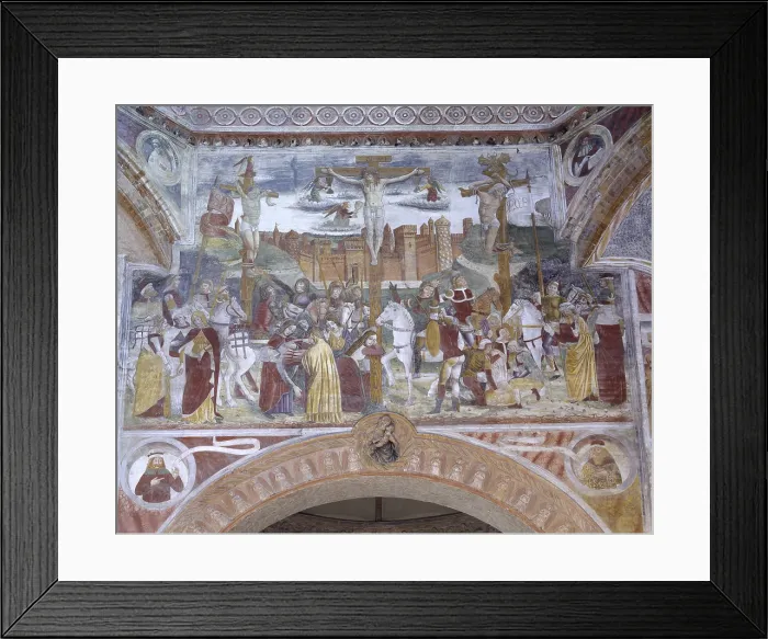 Framed Print : Crucifixion and Prophets, by Unknown Artist, 15th Century, fresco - Italy, Lombardy, Castelleone, Santa Maria di Bressanoro. Whole artwork view Framed Print : Crucifixion and Prophets, by Unknown Artist, 15th Century, fresco - Italy, Lombardy, Castelleone, Santa Maria di Bressanoro. Whole artwork view
