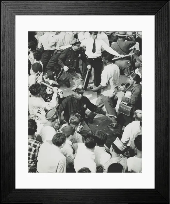 Framed Print : Two lines of police hold back rioters, allowing attendees of the Paul Robeson concert to leave. Peekskill, N.Y. Sept. 4, 1949. The riot attracted national attention Framed Print : Two lines of police hold back rioters, allowing attendees of the Paul Robeson concert to leave. Peekskill, N.Y. Sept. 4, 1949. The riot attracted national attention