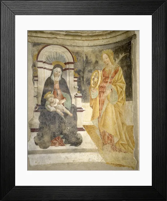 Framed Print : Enthroned Madonna with Child with Saint Catherine from Alessandria, by Unknown Artist, 15h Century, fresco - Italy, Lombardy, Brunello, Church of Announced Saint Mary
