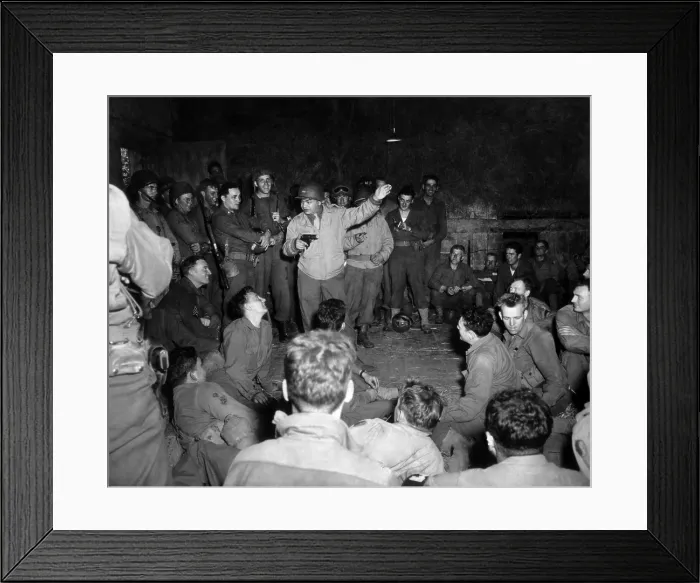 Framed Print : Actor Edward G. Robinson entertaining U.S. soldiers in Normandy. A GI behind him holds his cigar. He was on a USO tour promoting War Bonds to service men. Summer 1944 Framed Print : Actor Edward G. Robinson entertaining U.S. soldiers in Normandy. A GI behind him holds his cigar. He was on a USO tour promoting War Bonds to service men. Summer 1944