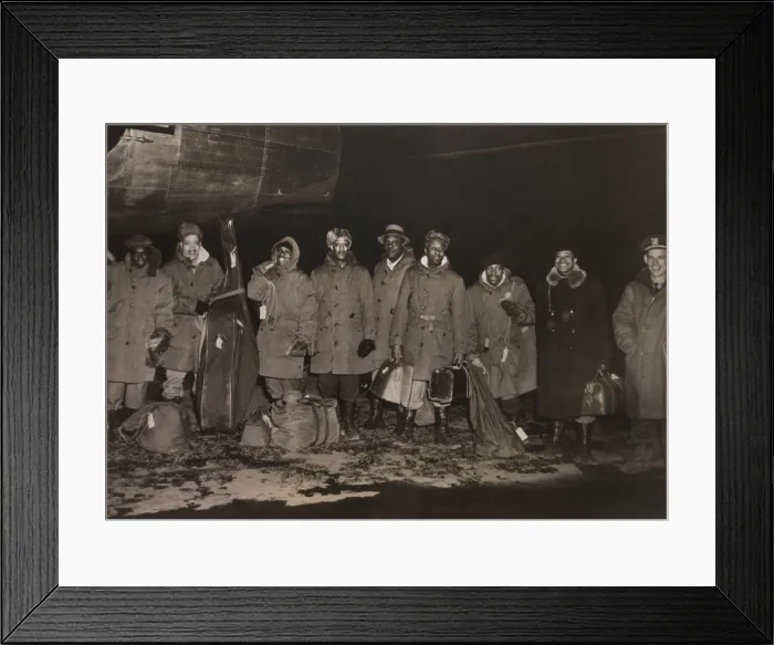 Framed Print : Snub Mosley and his band arriving in Alaska on a USO tour in 1945. Mosely is 4th from right. (BSLOC_2014_8_210)