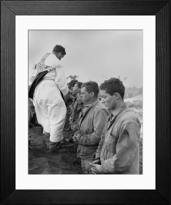 Framed Print : U.S. Marines and a Chaplain celebrate Catholic Communion during the Battle of Iwo Jima. World War 2. Feb. 19-March 26, 1945 (BSLOC_2013_14_64)