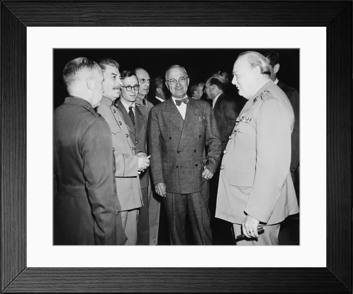 Framed Print : Allied leaders at the Potsdam Conference, July 17- Aug. 2, 1945. L-R: George Marshall, Joseph Stalin, unidentified, William Leahy, Harry Truman, Winston Churchill. World War 2