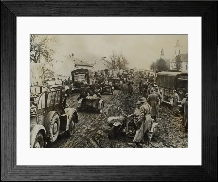 Framed Print : German army units invading Greece in April 1941 in heavy spring rains. Italy had attacked Greece in Oct. 1940, but were pushed back to Albania by the Greek Army