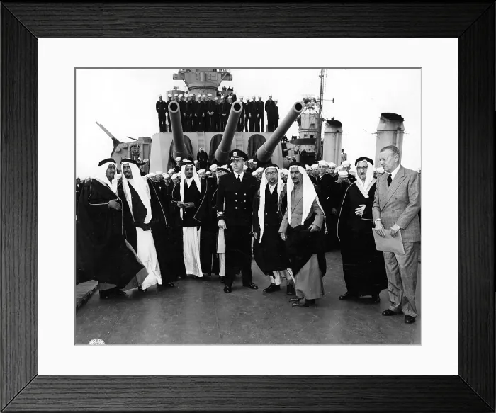 Framed Print : Saudi Arabian King Ibn Saud's entourage boarding the USS Quincy. The King would meet with FDR's on the ship in Great Bitter Lake, Egypt. Feb. 14, 1945. World War 2 Framed Print : Saudi Arabian King Ibn Saud's entourage boarding the USS Quincy. The King would meet with FDR's on the ship in Great Bitter Lake, Egypt. Feb. 14, 1945. World War 2