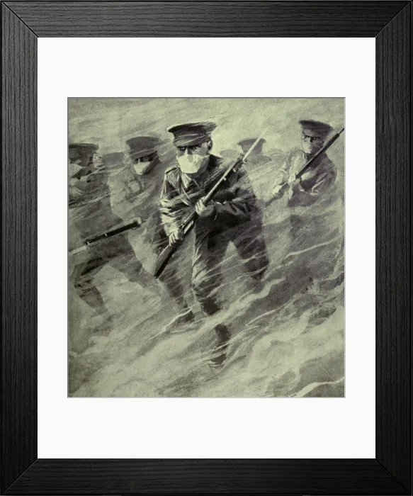 Framed Print : World War 1. Dramatic illustration of a British bayonet charge through poison gas. On April 22, 1915, German forces introduced the use of lethal chlorine gas at Ypres, Belgium Framed Print : World War 1. Dramatic illustration of a British bayonet charge through poison gas. On April 22, 1915, German forces introduced the use of lethal chlorine gas at Ypres, Belgium