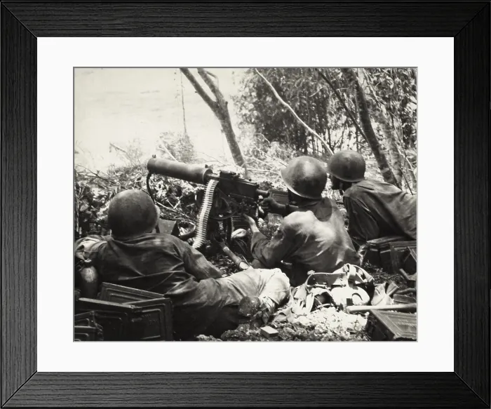 Framed Print : U.S. Army machine gun crew fires on Japanese positions on slopes of Mt. Tapotohan, on Saipan. Ca. June 15-July 9, 1944, during World War 2. (BSLOC_2013_14_54)