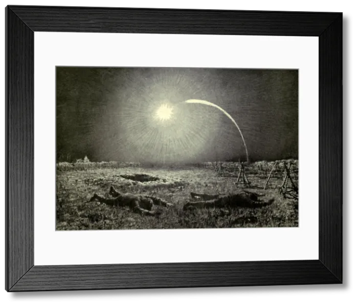 Framed Print : World War 1. Both sides launched flares between the trenches at regular intervals to illuminate no man's land to detect raiders. Ca. 1915-18