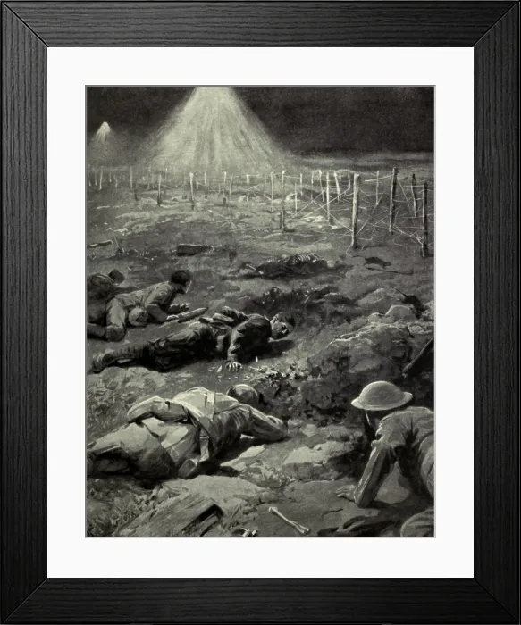 Framed Print : World War 1. British soldiers creeping through no man's land to raid the enemy's trench