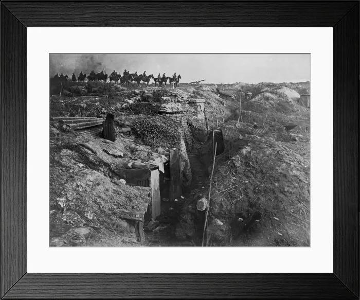 Framed Print : World War 1. Abandoned British trench which was captured by the Germans, who are on horseback in the background. Ca. 1915-18 Framed Print : World War 1. Abandoned British trench which was captured by the Germans, who are on horseback in the background. Ca. 1915-18