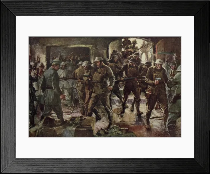 Framed Print : World War 1. Painting depicting British soldiers surprising German troops in their bunker. Ca. 1915-1918 Framed Print : World War 1. Painting depicting British soldiers surprising German troops in their bunker. Ca. 1915-1918