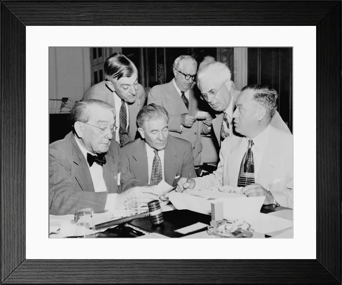 Framed Print : U.S. Senate Appropriations Committee vote for new European recovery funds. L-R: Senators Kenneth McKellar, chairman, Leverett Saltonstall, A
