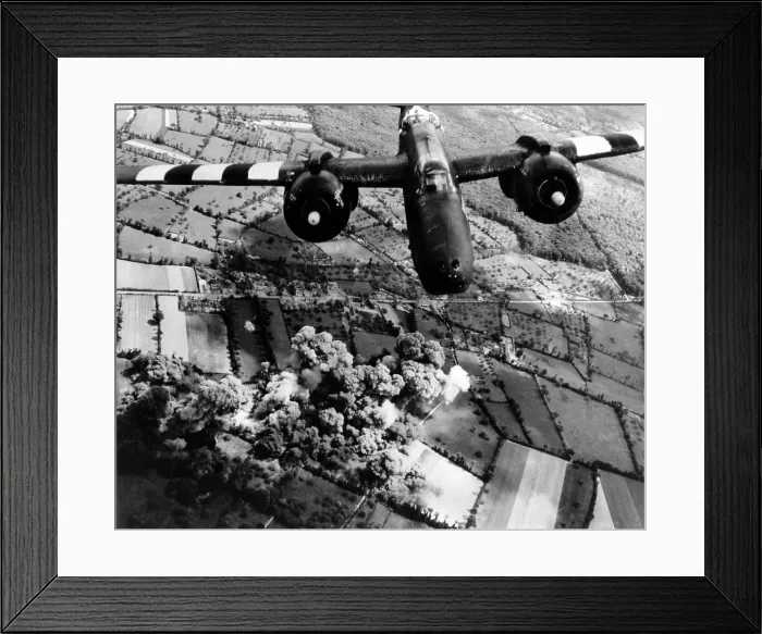 Framed Print : Aerial view of a A-20 G Havoc light bomber with D-Day invasion stripes painted on its wings