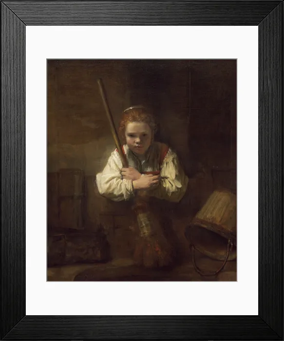 Framed Print : A Girl with a Broom, by Rembrandt's workshop, 1651, Dutch painting, oil on canvas. A young girl, holding a broom, stares directly at the viewer