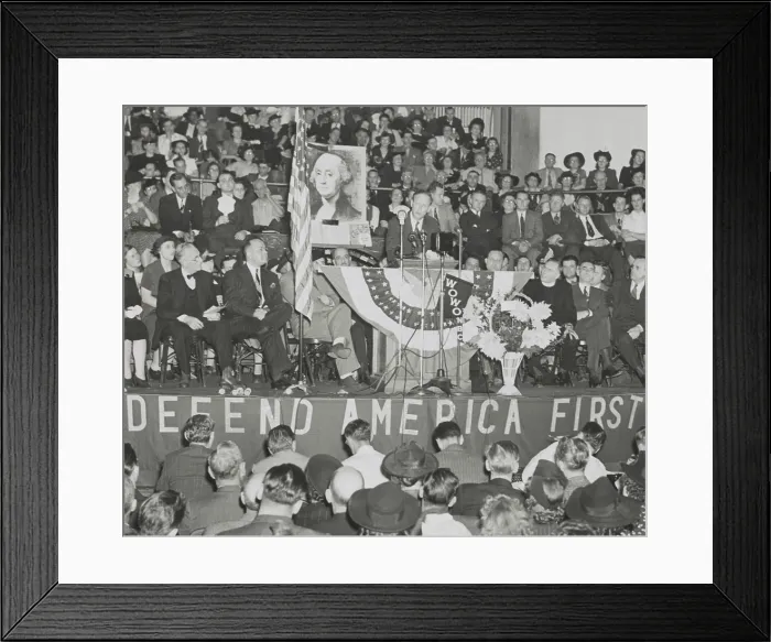 Framed Print : Charles Lindbergh addresses 3, 000 persons at an America First rally. He spoke in Fort Wayne's Gospel Temple, on Oct. 5, 1941. (BSLOC_2014_7_90) Framed Print : Charles Lindbergh addresses 3, 000 persons at an America First rally. He spoke in Fort Wayne's Gospel Temple, on Oct. 5, 1941. (BSLOC_2014_7_90)