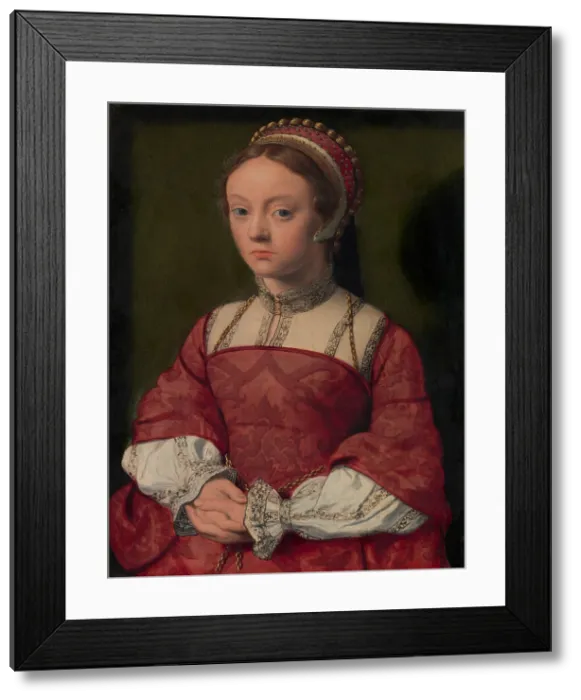 Framed Print : PORTRAIT OF A YOUNG WOMAN, 1535, Netherlandish, Northern Renaissance oil painting. She wears an embroidered high collared shift under a corset bodice dress Framed Print : PORTRAIT OF A YOUNG WOMAN, 1535, Netherlandish, Northern Renaissance oil painting. She wears an embroidered high collared shift under a corset bodice dress