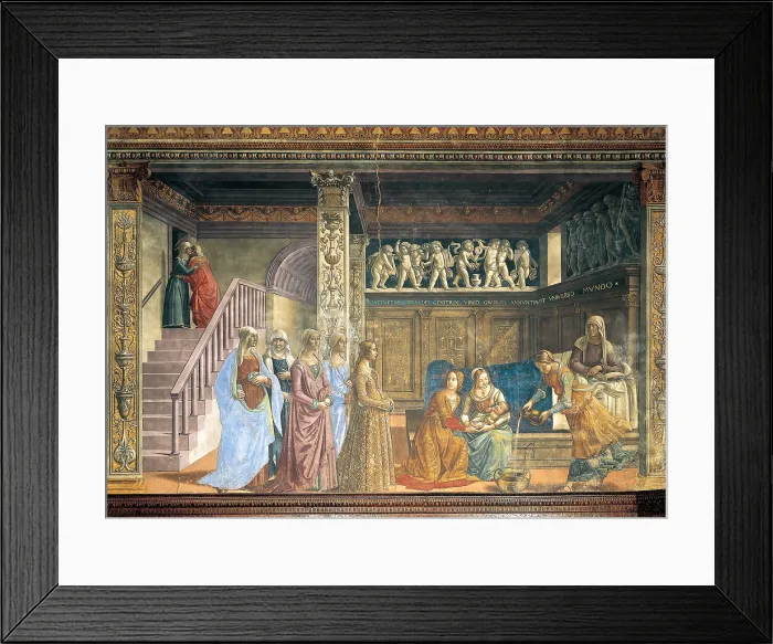 Framed Print : Stories of the Virgin and St John the Baptist The Nativity of Mary, by Domenico Bigordi known as Ghirlandaio, 1486 - 1490, 15th Century, fresco, - Italy, Tuscany, Florence