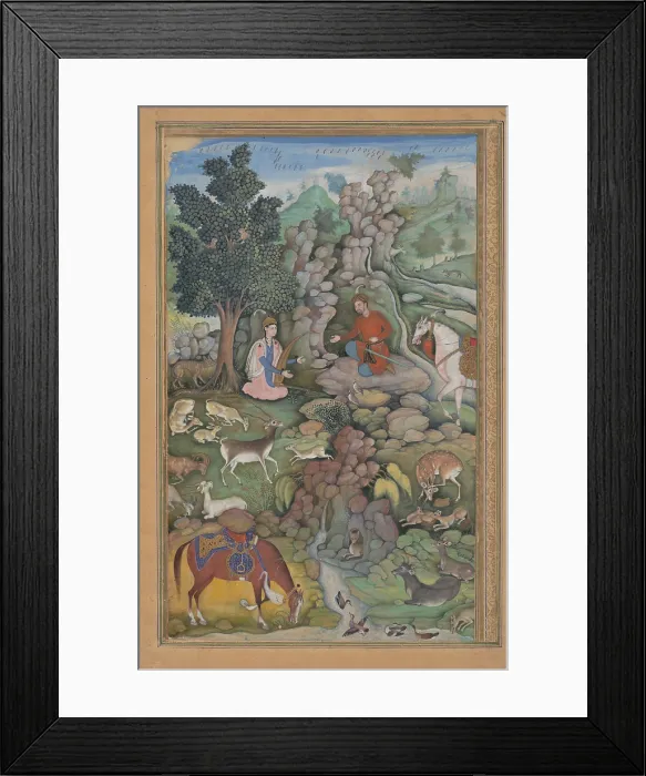 Framed Print : BAHRAM GUR SEES HERD OF DEER MESMERIZED BY DILARAMS MUSIC, by Miskin, 1570-99, watercolor painting