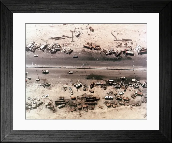 Framed Print : Aerial view of destroyed Iraqi vehicles beside the Highway 80 west of Kuwait City