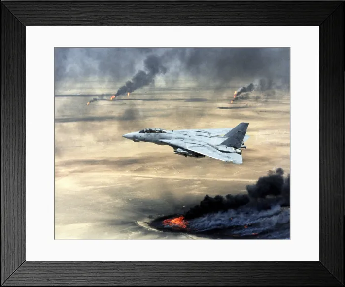Framed Print : F-14 fighter in flight over burning Kuwaiti oil wells set on fire by retreating Iraqi forces during Operation Desert Storm. Mar. 1 1991 (BSLOC_2011_12_19)