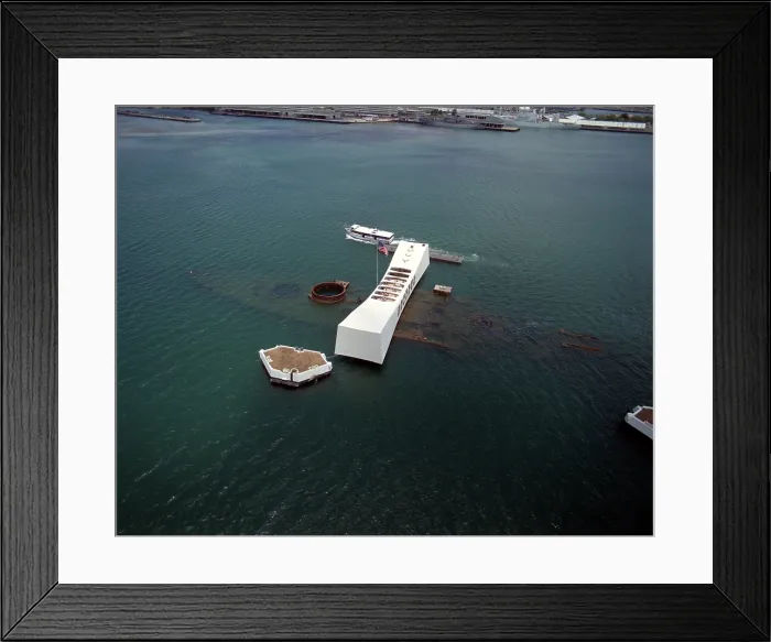 Framed Print : The USS ARIZONA Memorial in Pearl Harbor. The actual battleship sunk during the Japanese attack on Pearl Harbor on December 7 1941 is visible directly beneath the memorial Framed Print : The USS ARIZONA Memorial in Pearl Harbor. The actual battleship sunk during the Japanese attack on Pearl Harbor on December 7 1941 is visible directly beneath the memorial