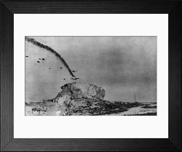 Framed Print : Burning German glider plane about to crash during the Nazi airborne invasion of Crete. World War 2, May 20, 1941. (BSLOC_2013_14_8) Framed Print : Burning German glider plane about to crash during the Nazi airborne invasion of Crete. World War 2, May 20, 1941. (BSLOC_2013_14_8)