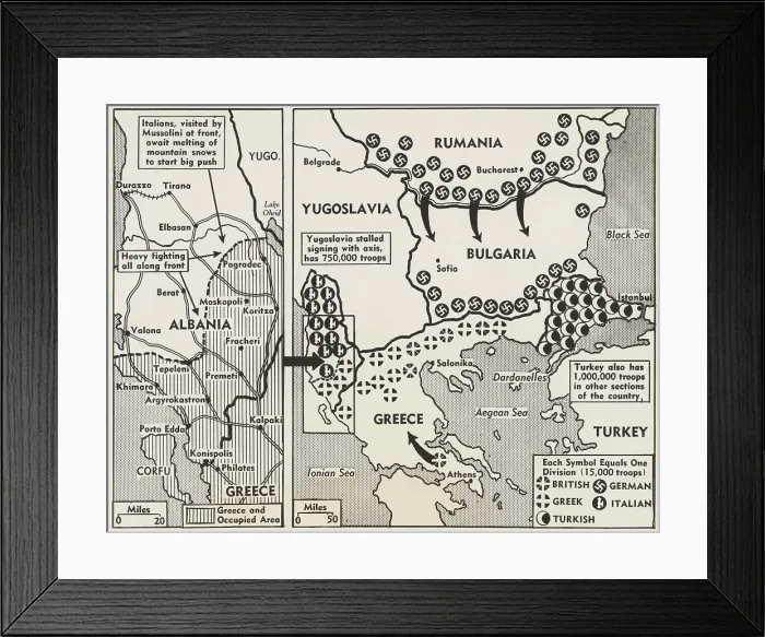 Framed Print : World War 2 map of Greece and the Balkans in 1941. Symbols show the positions of British, German, Greek, Italian, and Turkish Troops in 1941. (BSLOC_2013_14_9) Framed Print : World War 2 map of Greece and the Balkans in 1941. Symbols show the positions of British, German, Greek, Italian, and Turkish Troops in 1941. (BSLOC_2013_14_9)
