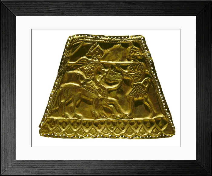 Framed Print : Plaque with Scythian Warriors. Gold repousse, 14x19 cm. It is possible that the plaque formed part of the decoration of a horse's harness. 4th century BC