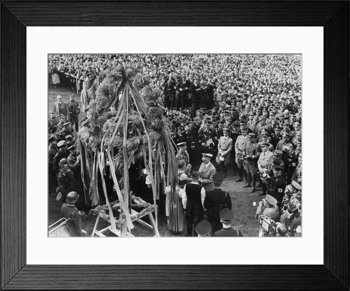 Framed Print : Adolf Hitler at the Erntedanktag (harvest thanksgiving festival). Nazi leaders are greeted by a young woman at Buckeberg, Germany. Oct 3, 1937. (BSLOC_2013_11_23)
