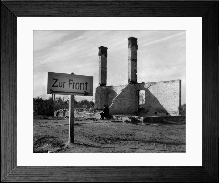 Framed Print : Sign with Arrow reads, Zur Front'. Or To the Front'. It directs the invading German army to the battle moving towards Warsaw. Sept