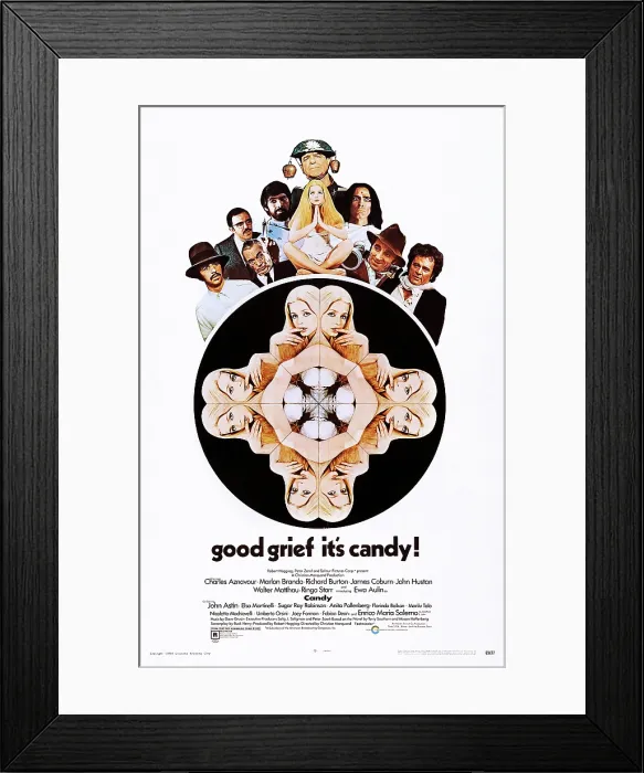 Framed Print : CANDY, top l-r: Ringo Starr, John Astin, John Huston, James Coburn, Walter Matthau, Ewa Aulin, Marlon Brando, Charles Aznavour, Richard Burton, bottom: Ewa Aulin on poster art