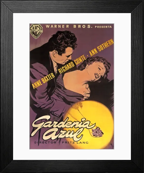 Framed Print : THE BLUE GARDENIA, (aka GARDENIA AZUL), l-r: Richard Conte, Anne Baxter on Spanish poster art, 1953 Framed Print : THE BLUE GARDENIA, (aka GARDENIA AZUL), l-r: Richard Conte, Anne Baxter on Spanish poster art, 1953