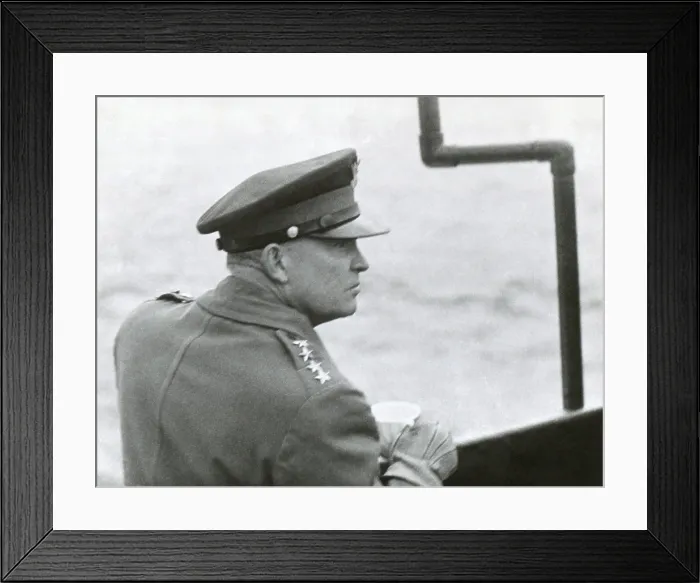 Framed Print : Gen. Dwight Eisenhower sailing to the Normandy landing site the day after the D-Day invasion. He was anxious and angry, because communications sent from Gen Framed Print : Gen. Dwight Eisenhower sailing to the Normandy landing site the day after the D-Day invasion. He was anxious and angry, because communications sent from Gen
