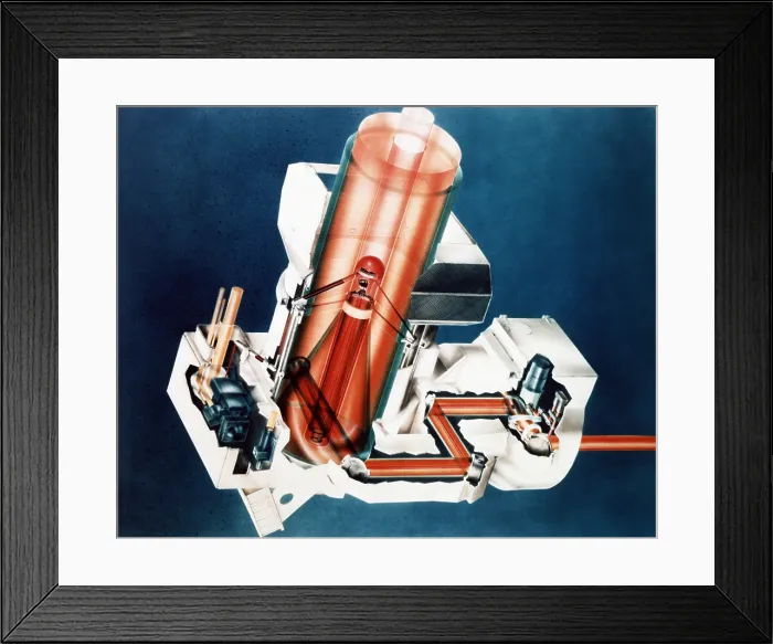Framed Print : 1985 military artist's concept of a laser beam director with the cutaway showing laser paths designed to track targets in flight